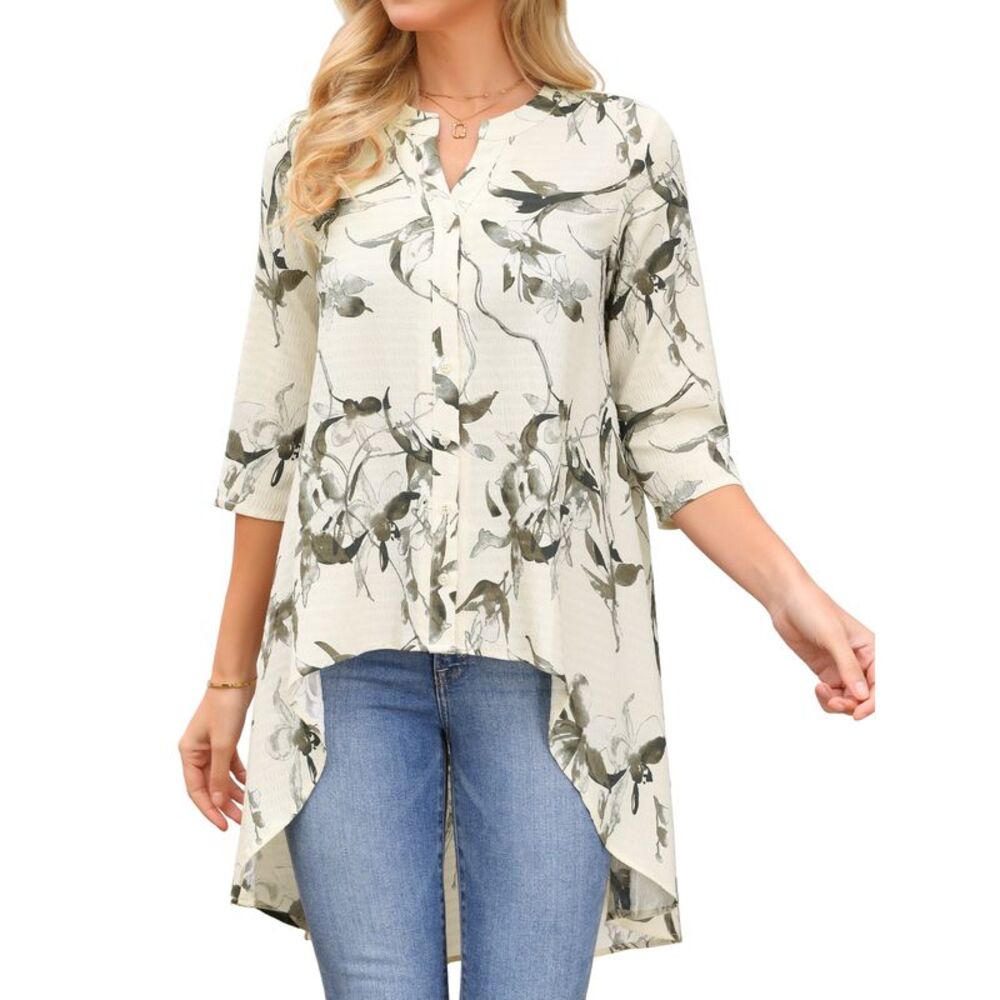 Women's High Low Tops Floral 3/4 Sleeve V Neck Loose Casual Blouse Apricot